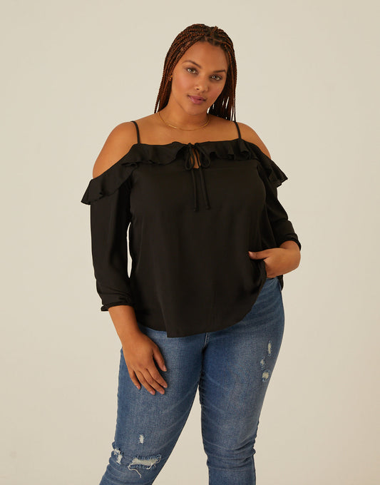 Plus Size Cold Shoulder Ruffle Blouse
